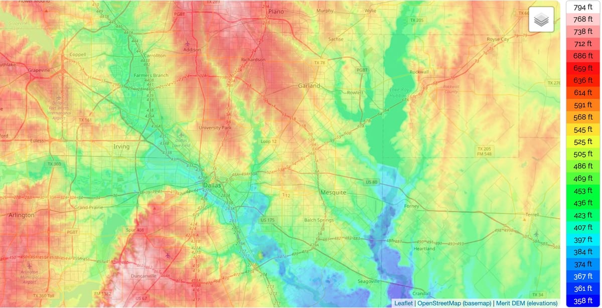 Mapa de elevação de Dallas